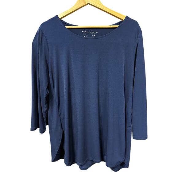 Susan Graver Top Liquid Knit Quarter Sleeve Navy L Stretch Casual Modern Minimal - Picture 2 of 8